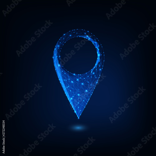 Futuristic glowing low polygonal gps symbol isolated on dark blue background.