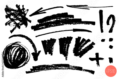 Vector hand drawn design elements. Set of artistic elements such as arrows, scribble, question mark, exclamation point, strokes and filled circle. Monochrome collection.