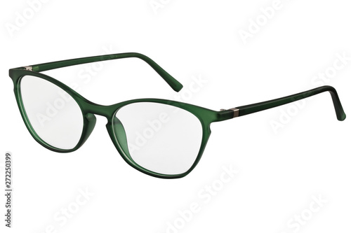Green glasses for vision on a white background.