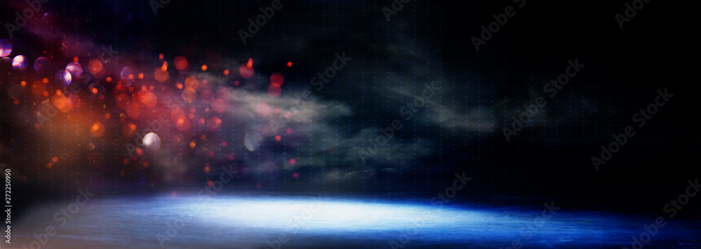 abstract dark concentrate floor scene with mist or fog, spotlight, glitter for display
