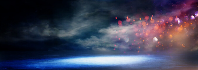 abstract dark concentrate floor scene with mist or fog, spotlight, glitter for display