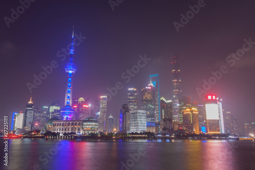 Twilight shot with the Shanghai skyline and the Huangpu river, China