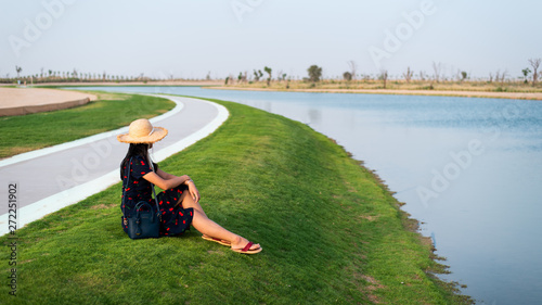 Photography Happy tourist enjoying Love lakes in Dubai