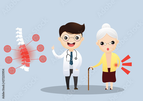 Caring for the elderly. Doctor talking with elderly patient about her symptoms. Old woman with osteoporosis. vector, illustration.