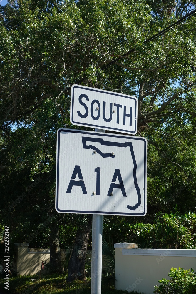 Highway A1A road sign a famous highway in Florida which runs along the Atlantic Ocean beaches and symbolizes the beach lifestyle.