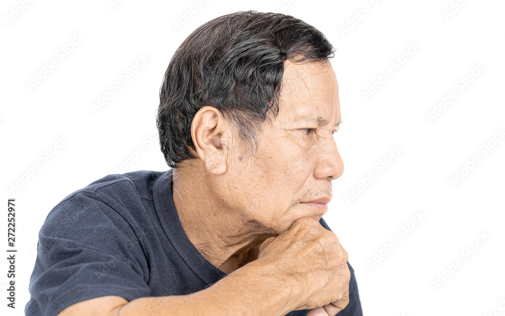 old wrinkled asian man portrait isolated on white background