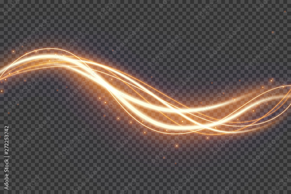 Transparent light effect with curve trail and sparkles. Glowing shiny lines. Abstract light speed motion effect. Vector illustration.
