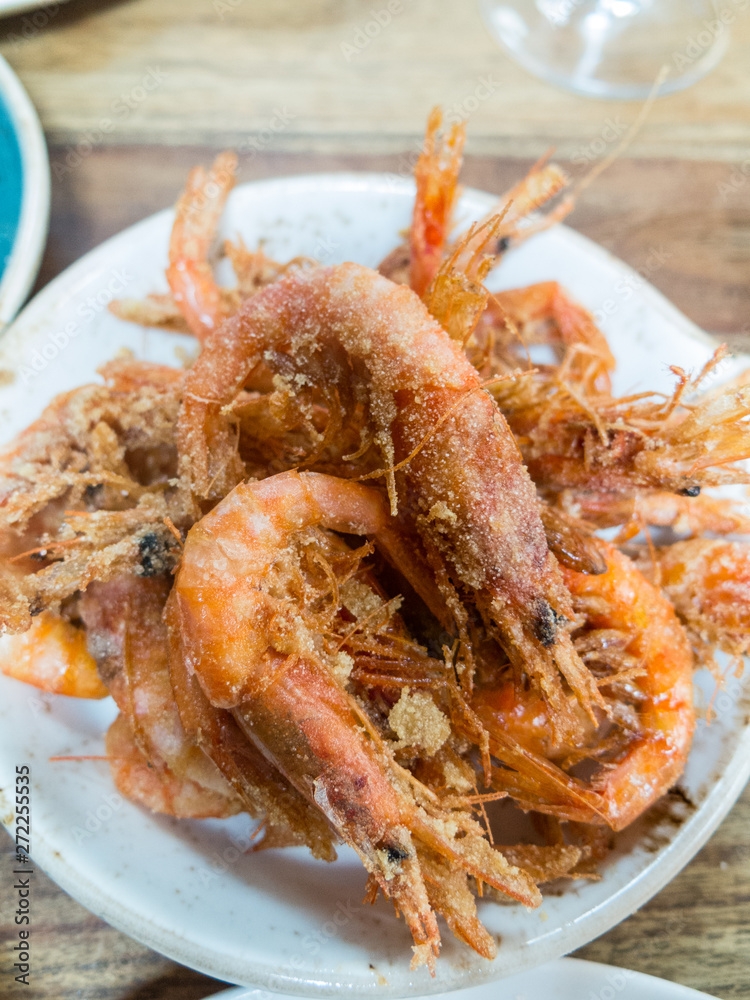 Typical dish of fried prawns, a tapa very common in Spain, especially in the South, Andalusia.