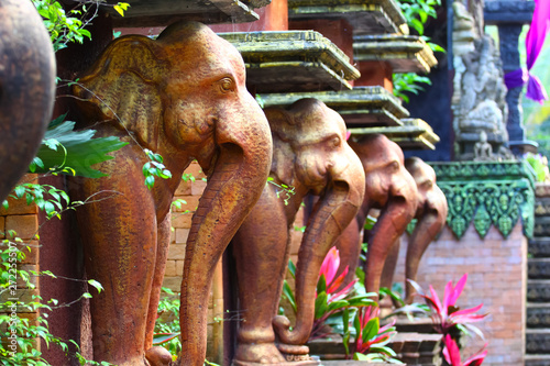 Columns with elephants in thai park reserve, travel