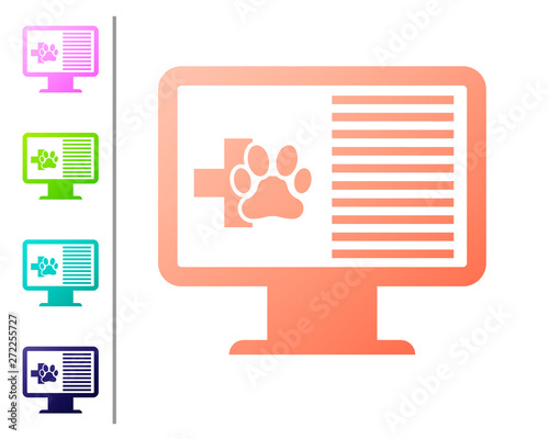 Coral Medical clinical record pet on monitor icon isolated on white background. Health insurance form. Prescription, medical check marks report. Set color icons. Vector Illustration