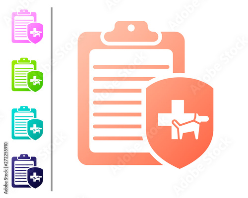 Coral Clipboard with medical clinical record pet icon isolated on white background. Health insurance form. Medical check marks report. Set color icons. Vector Illustration