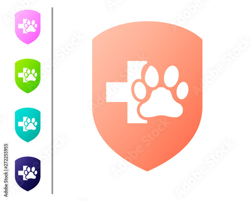Coral Animal health insurance icon isolated on white background. Pet protection icon. Dog or cat paw print. Set color icons. Vector Illustration