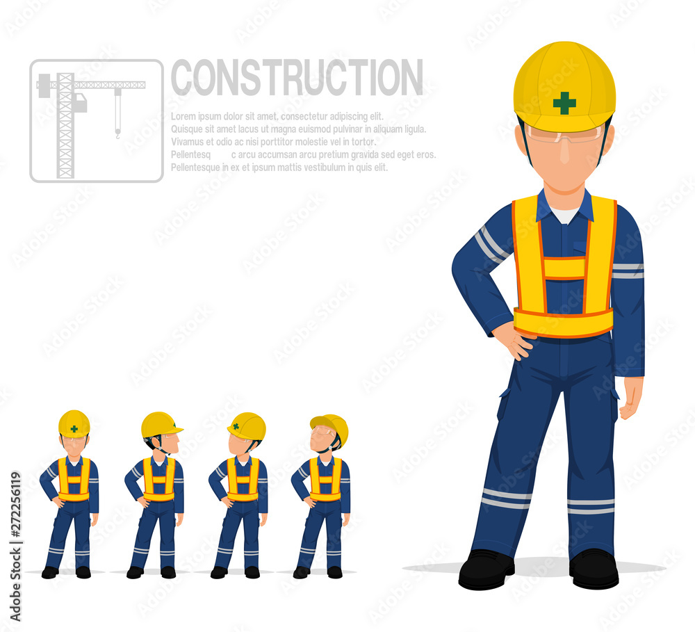 Construction worker in reflective vest are posing akimbo on transparent background. Construction worker in reflective vest are posing akimbo on transparent background.