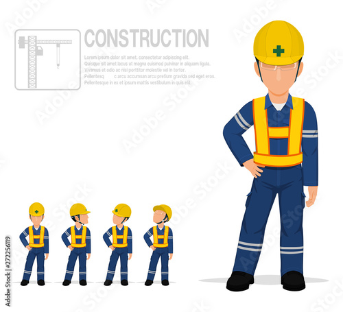 Construction worker in reflective vest are posing akimbo on transparent background.