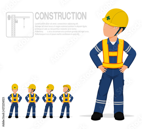 Construction worker in reflective vest are posing akimbo on transparent background.