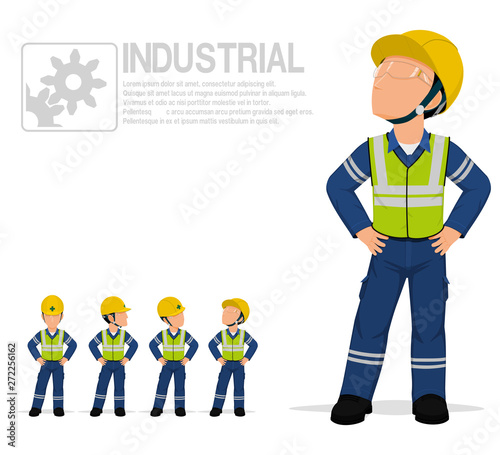 Industrial worker in reflective vest are posing akimbo on transparent background.