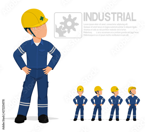 Industrial worker in uniform are posing akimbo on transparent background.
