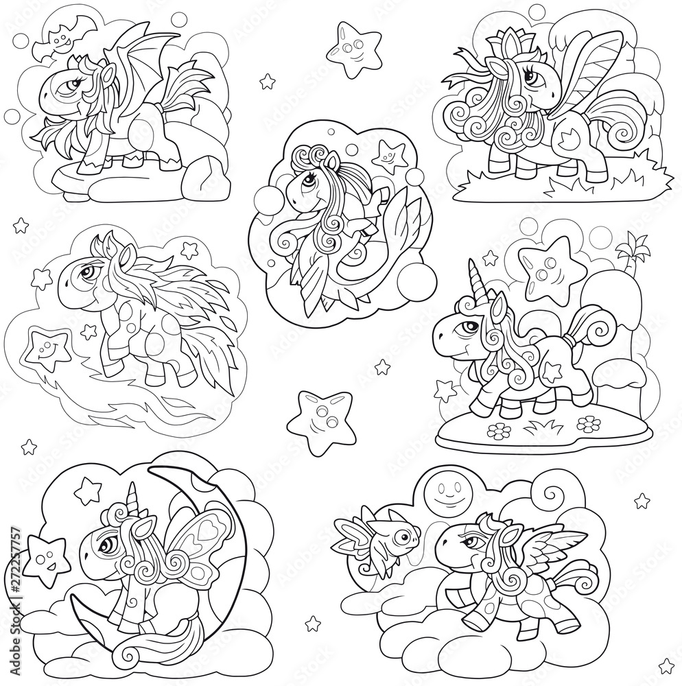 Obraz premium cartoon cute little pony coloring book funny illustration