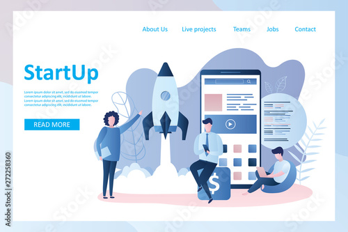 Start up landing page,rocket take off,teamwork and big mobile phone with application,app development,