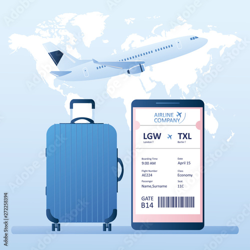 Airplane take off,Big suitcase and smartphone with online check-in,Airline boarding pass ticket