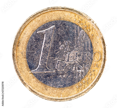 Old one euro coin heads with clipping path. Isolated on white background. Crusado on white. Used euro mintage. Detrited euro coin cutout. Symbolic european tender coin. Euro piece face side. photo