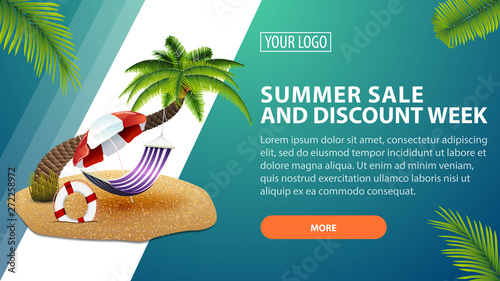 Summer sale and discount week, horizontal discount banner for your website with palm tree, hammock and beach umbrella