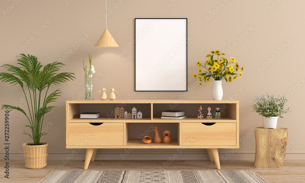 Sideboard and blank photo frame for mockup on wall, 3D rendering