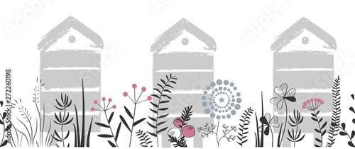 Vector nature seamless background with hand drawn wild herbs, flowers and leaves on white. Doodle style cartoon floral illustration. Vector