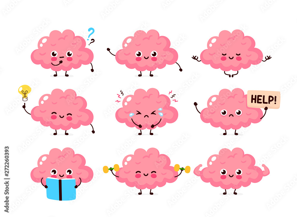 Cute human brain set. Healthy and unhealthy organ