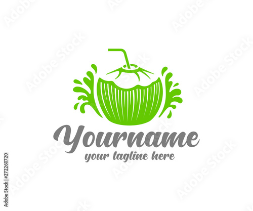 Fresh and peeled coconut with a straw and splashings waters, logo design. Food and drink, coconut juice and beverage, vector design and illustration
