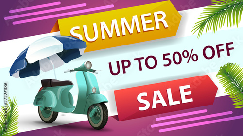 Summer sale, horizontal discount web banner for your website with creative design and scooter with a beach umbrella