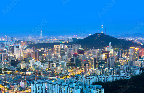 Seoul city and n seoul tower and Skyscrapers, Beautiful city at night, South Korea.