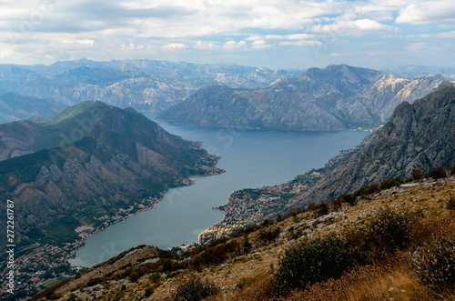 Fototapeta Naklejka Na Ścianę i Meble -  Aerial panoramic view on beautiful nature mountains landscape. Kotor bay, Montenegro