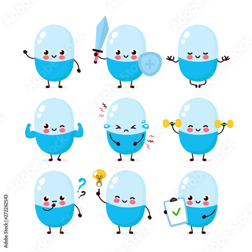 Cute happy pill character set collection
