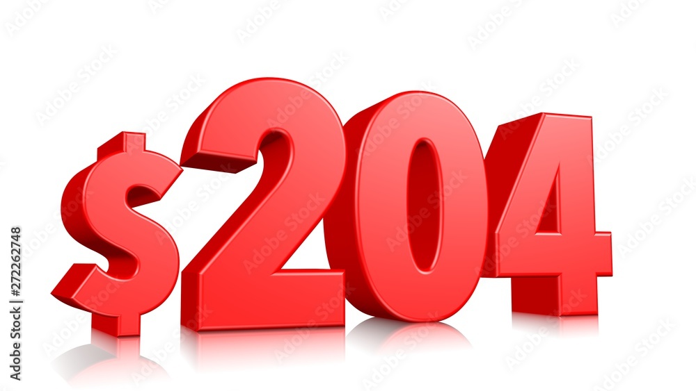 204$ Two hundred four price symbol. red text number 3d render with dollar sign on white background 204$ Two hundred four price symbol. red text number 3d render with dollar sign on white background