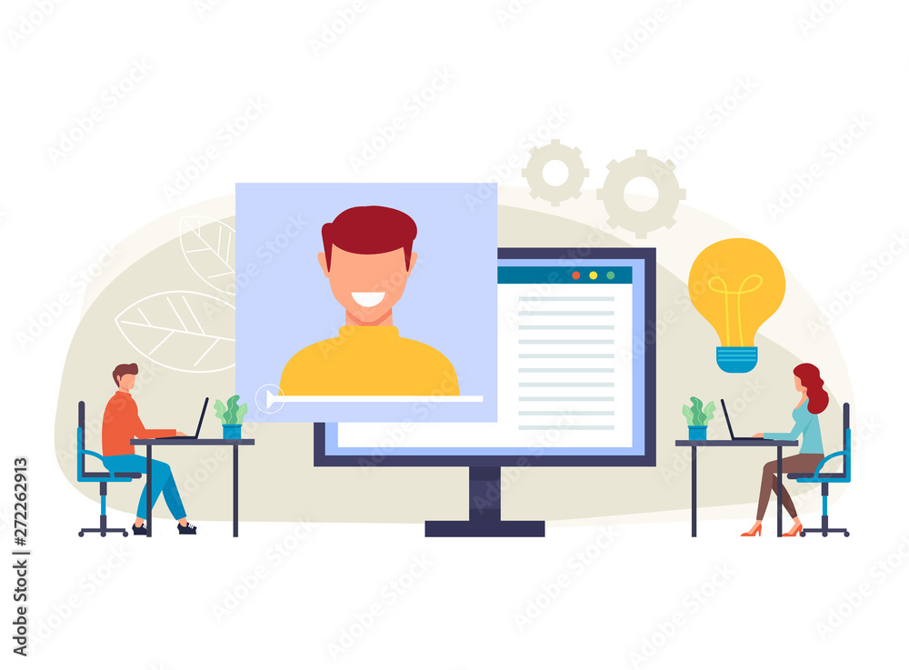 People student characters listen online courses. Web internet tutorial concept. Vector flat cartoon graphic design isolated illustration