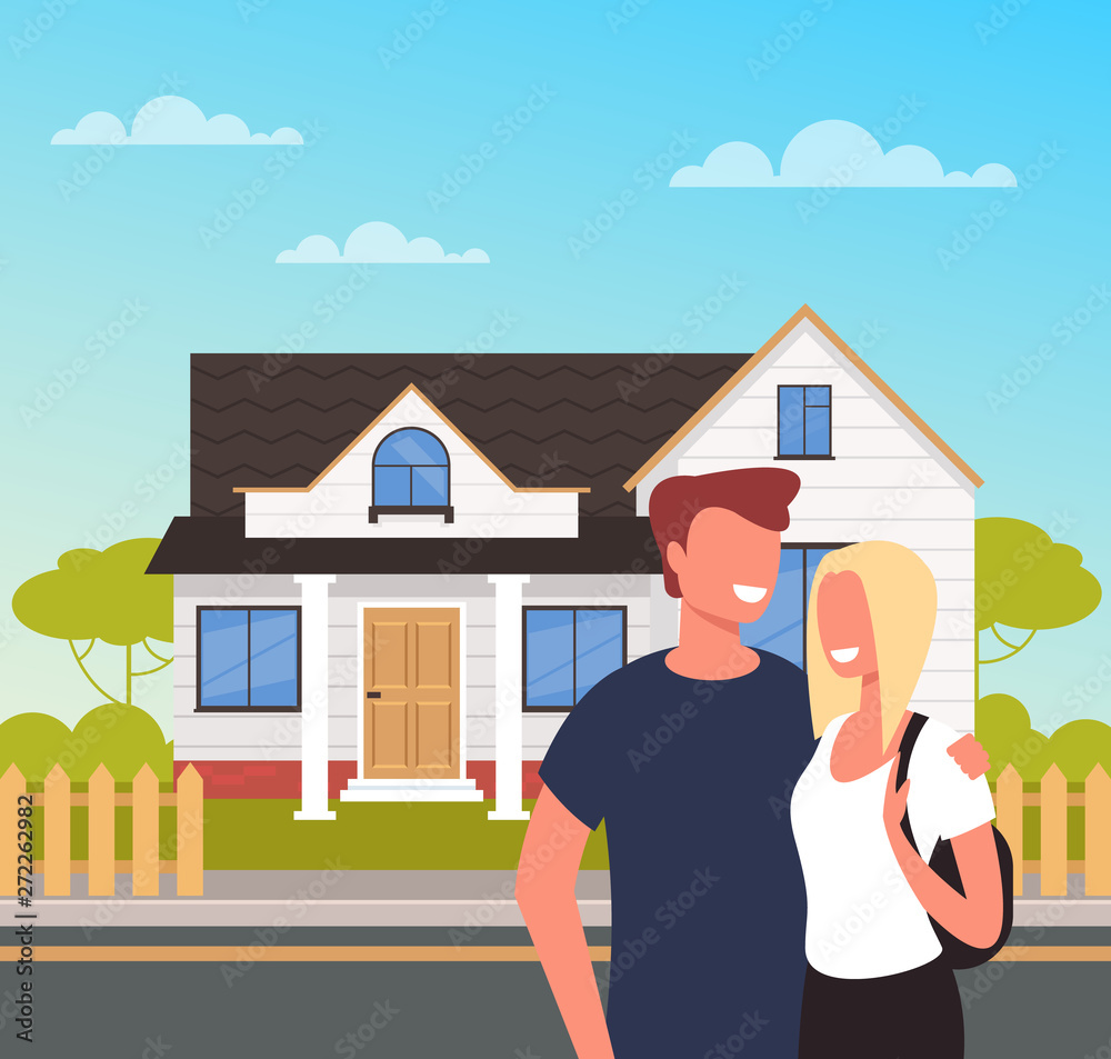 Two people man and woman couple characters buying new house. Happy young  family concept. Vector flat cartoon graphic design isolated illustration  Stock Vector | Adobe Stock