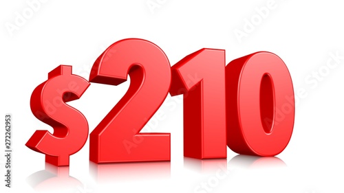 210$ Two hundred and ten price symbol. red text number 3d render with dollar sign on white background