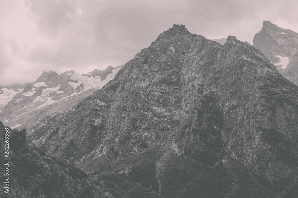 Panorama view on mountains scene in national park of Dombay, Caucasus Panorama view on mountains scene in national park of Dombay, Caucasus