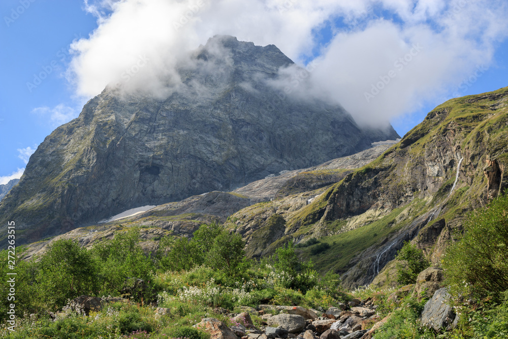 Panorama view of mountains scene in national park of Dombay, Caucasus, Russia