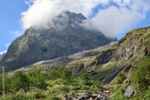 Panorama view of mountains scene in national park of Dombay, Caucasus, Russia