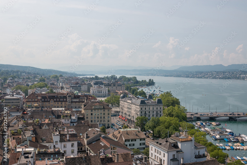 Aerial view of Zurich city center with Opera house and lake Zurich