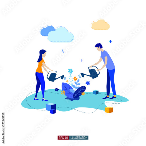 Trendy flat illustration. Сooperation of people who implement the joint idea. Idea birth process. Boy and girl watering the flowers together. Template for your design works. Vector graphics.