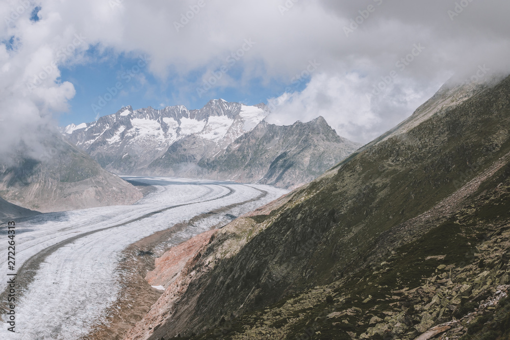 Panorama of mountains scene, walk through the great Aletsch Glacier