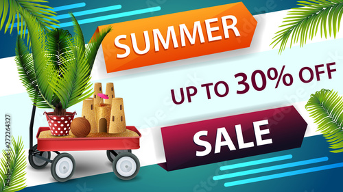 Summer sale, horizontal discount web banner for your website with creative design, garden cart with sand, sand castle and potted palm