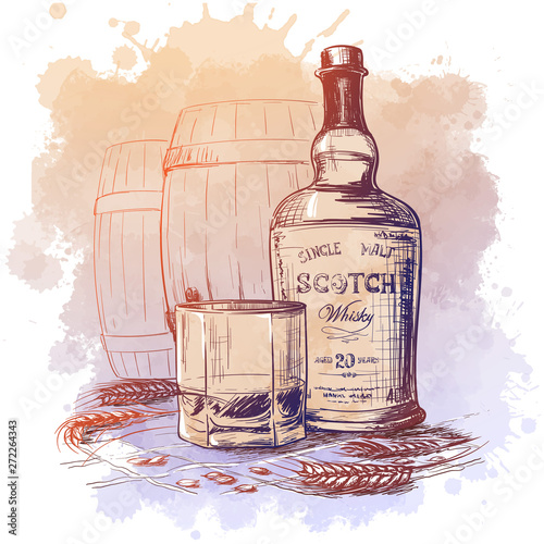 Scotch whiskey bottle, glass and casks with some barley ears and grains. Sketch style drawing isolated on watercolor textured background. EPS10 vector illustration.