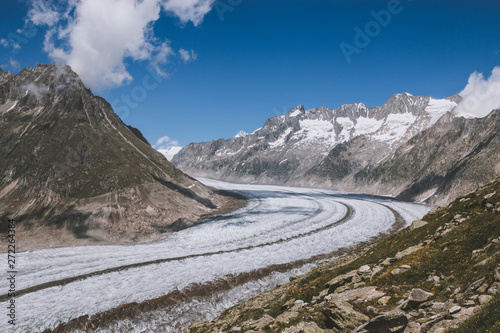 Panorama of mountains scene, walk through the great Aletsch Glacier