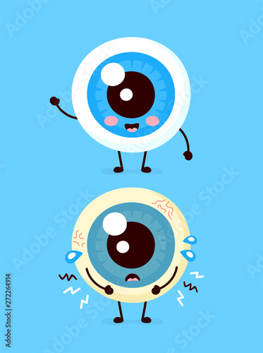 Sad unhealthy sick and happy smiling healthy strong human eyeball organ. Vector modern style cartoon character illustration icon. Isolated on white background. Eye pain concept