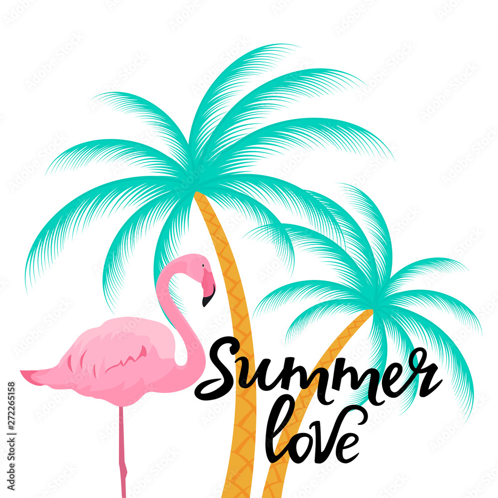 Naklejka premium Summer love hand drawn lettering with flamingo and palm tree.
