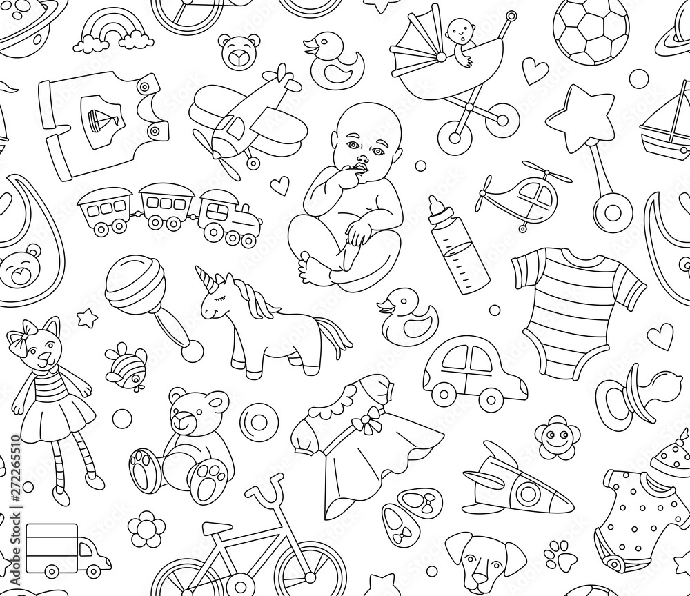 Obraz premium Baby goods store seamless background pattern Newborn products and toys.